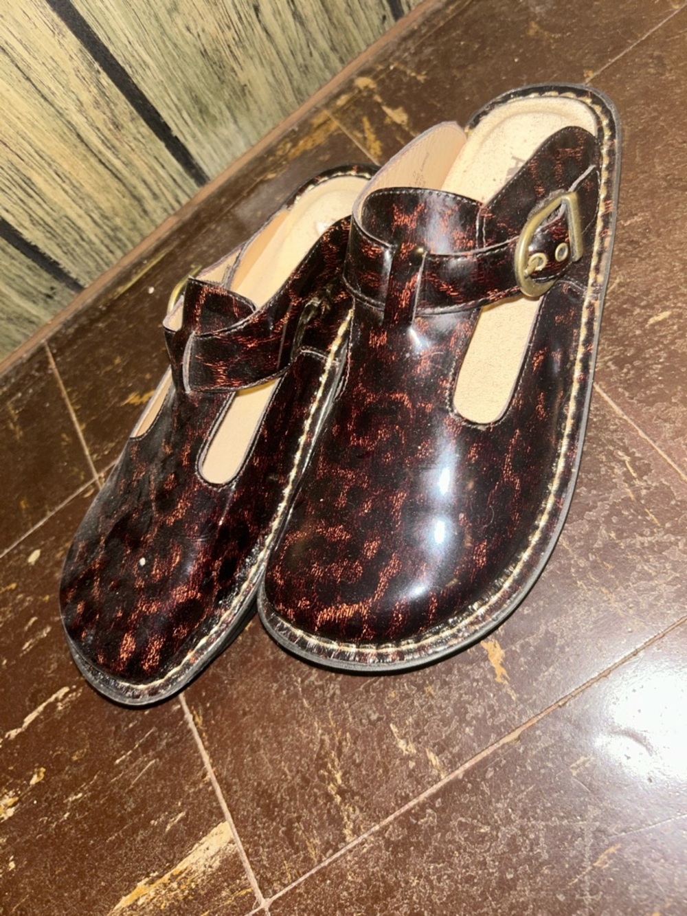 Alegria Women's Dark Brown Metallic T-Strap Clogs